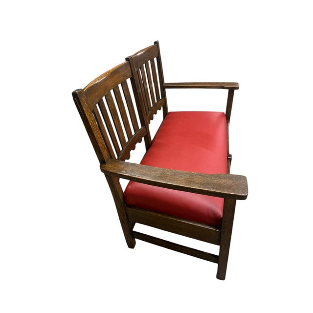 Arts & Crafts Stickley Brothers Grand Rapids Antique Settle Model #3887 - Quarter Sawn Oak and New Red Leather Seat - Circa 1910 For Sale - Image 3 of 7