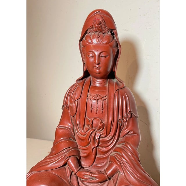 Early 20th Century Large Antique Chinese Signed Guanyin Red Lacquer Cinnabar Statue Sculpture For Sale - Image 5 of 17