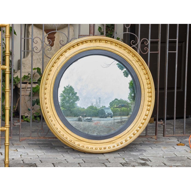 Late 19th Century Large 19th Century English Giltwood Convex Mirror With Ebonized Inner Trim For Sale - Image 5 of 10