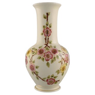 Cream-Coloured Porcelain Vase with Hand-Painted Flowers from Zsolnay For Sale