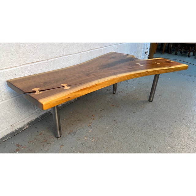 Mid-Century Modern Late 20th Century Handcrafted Live Edge Walnut Coffee Table With Butterfly Inlays For Sale - Image 3 of 15