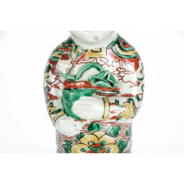 Antique 17th Century Chinese Kangxi Porcelain Figure of Laughing Ho Ho Boy Holding Vase in Famille Vert Glaze For Sale - Image 12 of 13