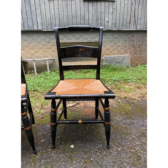 Mid 20th Century Set of 8 Hitchcock Style Black Painted Stenciled Dining Side Chairs With Rush Woven Seats For Sale - Image 11 of 15