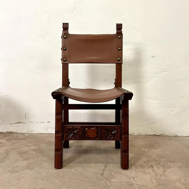 Mid-Century Modern Spanish Chair in Leather and Carved Wood, 1950s For Sale - Image 3 of 12