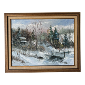 1970’s Vintage Impressionist Cottage- Winter Landscape Oil on Canvas Painting, Framed