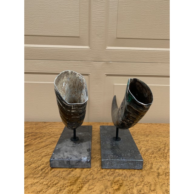 Pair of Vintage Faux Ram Horn Sculptures on Black Marble Bases For Sale - Image 15 of 16