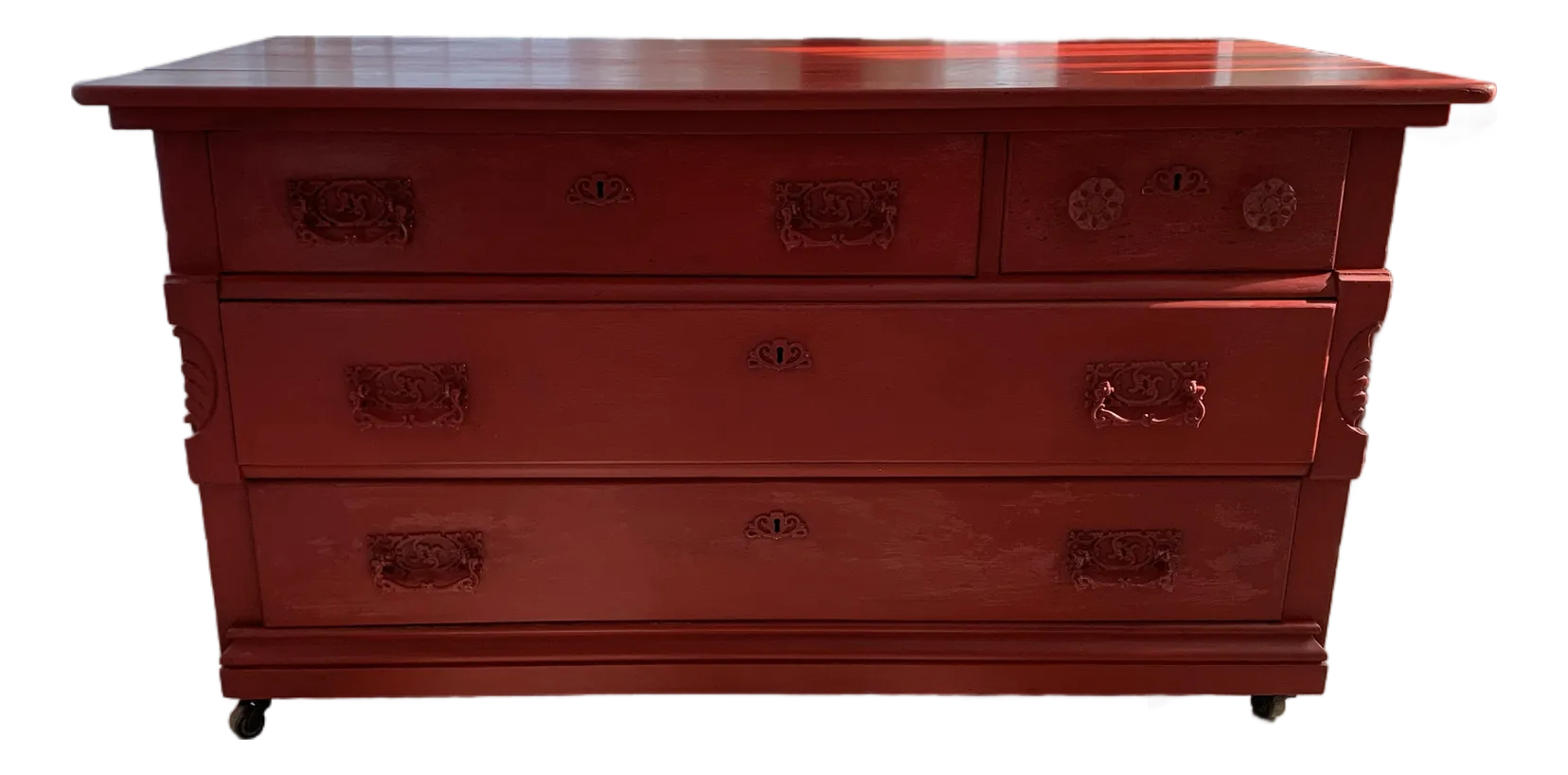 Antique Oak Chest of Drawers in Weathered Red Paint | Chairish
