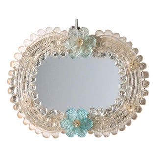 Small Vintage Venetian Murano Glass Wall Mirror with Turquoise Flowers, 1950s For Sale