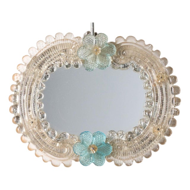 Small Vintage Venetian Murano Glass Wall Mirror with Turquoise Flowers, 1950s For Sale