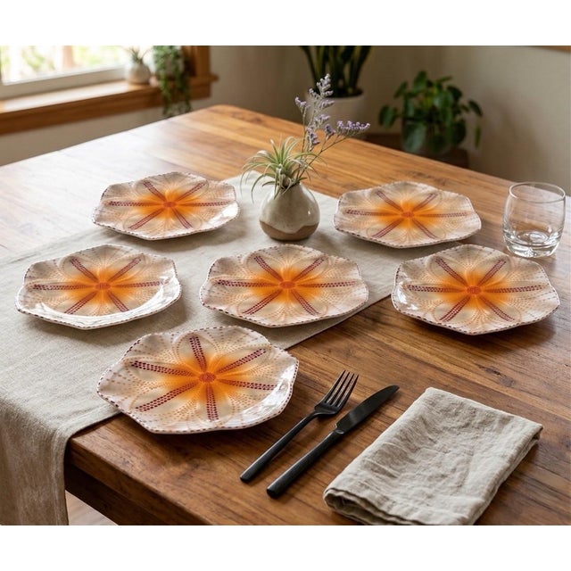 Vintage South African Hand-Painted Ceramic Sea Urchin / Pansy Shell Platters - Set of 6 For Sale - Image 11 of 12