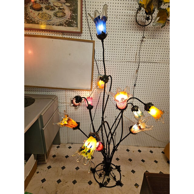 1990s Handmade Wrought Iron 11 Tulips Blown Glass Floor Lamp For Sale In Palm Springs - Image 6 of 7