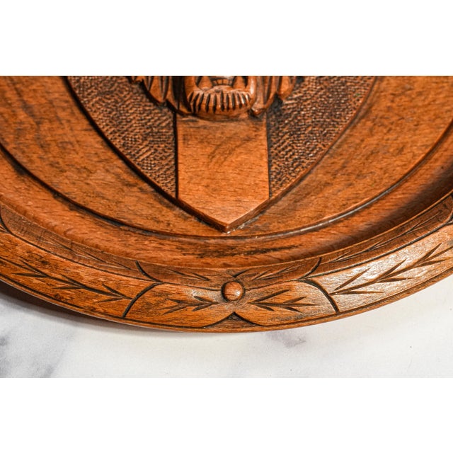 Brown Hand Carved Lion Plaque Antique Victorian English Heraldic Wood Medallion Wall Home Decor For Sale - Image 8 of 13