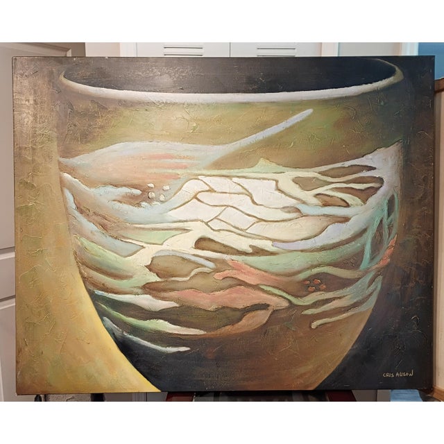 Dark Green Cris Auson Large Scale Still Life Oil Painting of Mission Swirl Art Pottery Vessel For Sale - Image 8 of 14