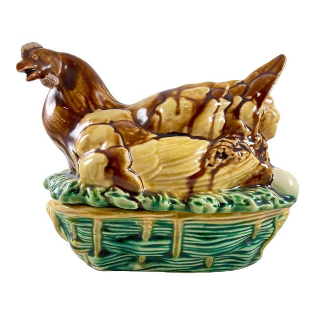 Saint Honore Les Bains Majolica French Hen on Basket Terrine For Sale