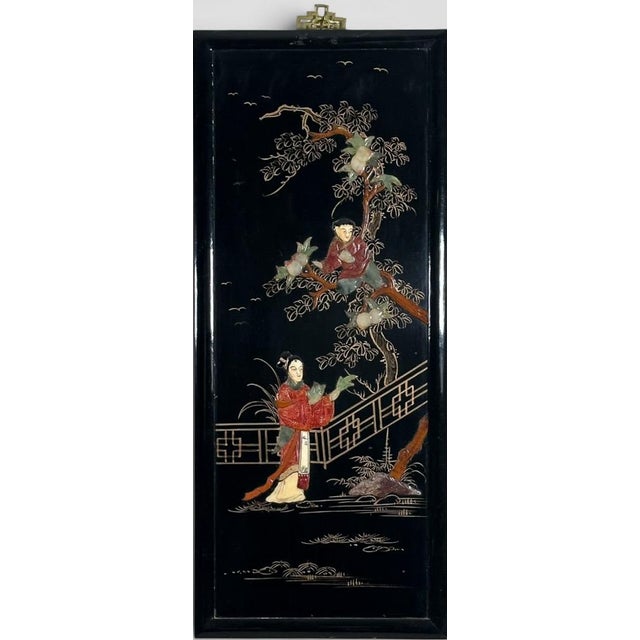 Vintage Chinese Black Lacquer and Inlaid Soapstone Wall Panels Set of Four For Sale - Image 11 of 16