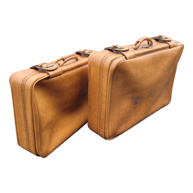 Tan Lamb Leather Suitcases, Italy, 1950s, Set of 2 For Sale