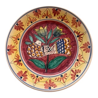 Vintage Hand-Painted Mediterranean Terracotta Wall Accent Plate With Bird & Tulip Motif For Sale