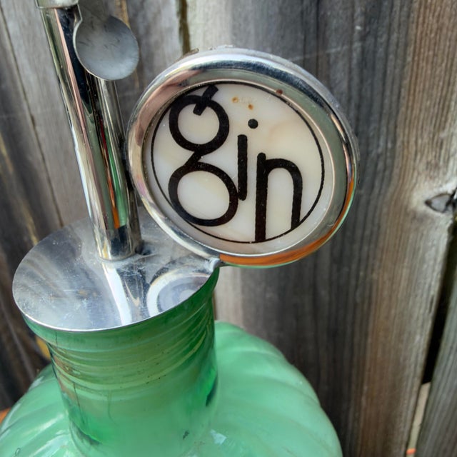 Vintage Green Decanter Bottles With Metal Siphon Discs and Monogram Discs - Set of 3 For Sale - Image 4 of 9