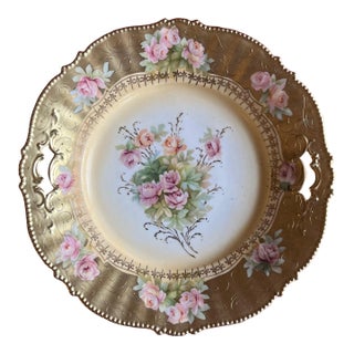 Antique Early 20th Century German Rs Reinhold Schlegelmilch Porcelain Platter Painted With Roses in a Gold Border For Sale