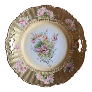 Antique Early 20th Century German Rs Reinhold Schlegelmilch Porcelain Platter Painted With Roses in a Gold Border