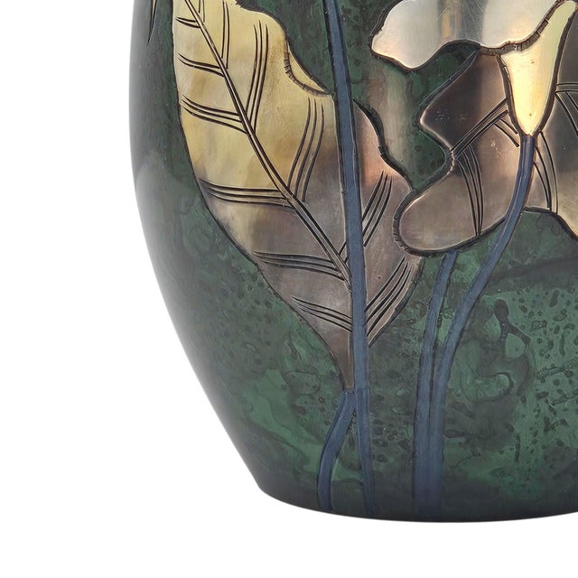 Metal Mid Century Japanese Takaoka Bronze Vase With Mixed Metal Lily Inlay 9.75” For Sale - Image 7 of 12