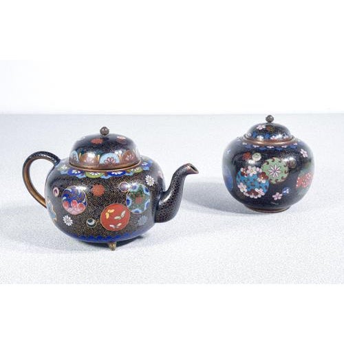 Cloisonné Teapot and Sugar Bowl with Floral Decor, Set of 2 For Sale - Image 16 of 18