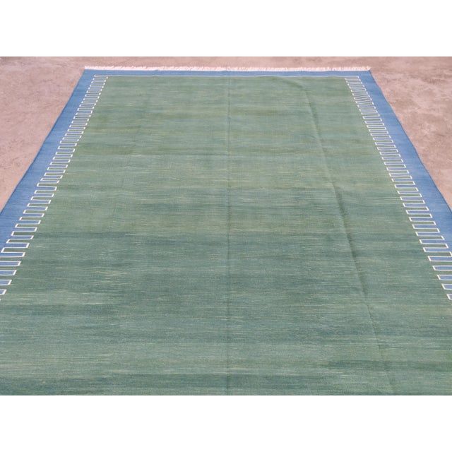 Green Handmade Green and Blue Geometric Cotton Rug For Sale - Image 8 of 11