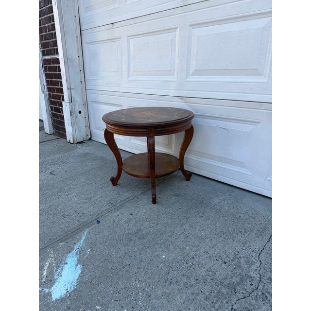 Mid 20th Century Vintage French Louis XV Style Round Marquetry Side Table With Floral Inlay & Lower Shelf For Sale - Image 5 of 12