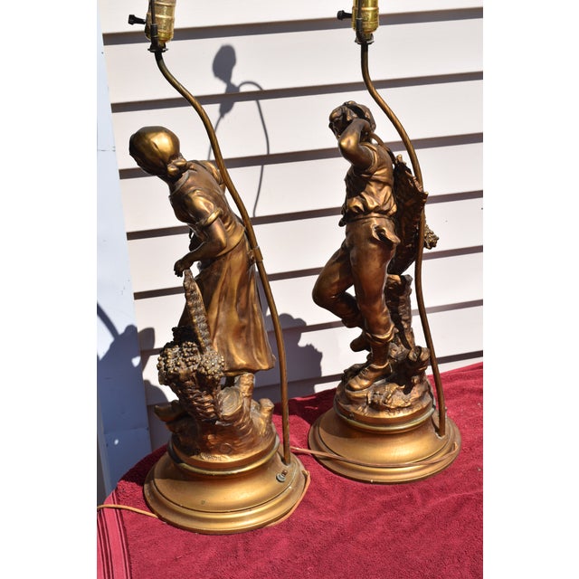 Metal 1950s Pair L&F Moreau Art Nouveau Brass Spelter Lamps For Sale - Image 7 of 11