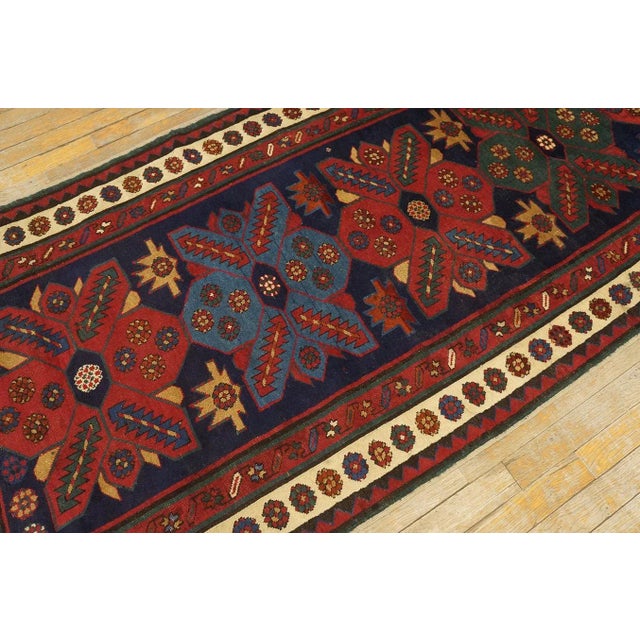1900s Blue Abstract Geometric Antique Caucasian Talish Rug 3' 0'' X 9' 5'' Knotted Wool Carpet For Sale - Image 9 of 12