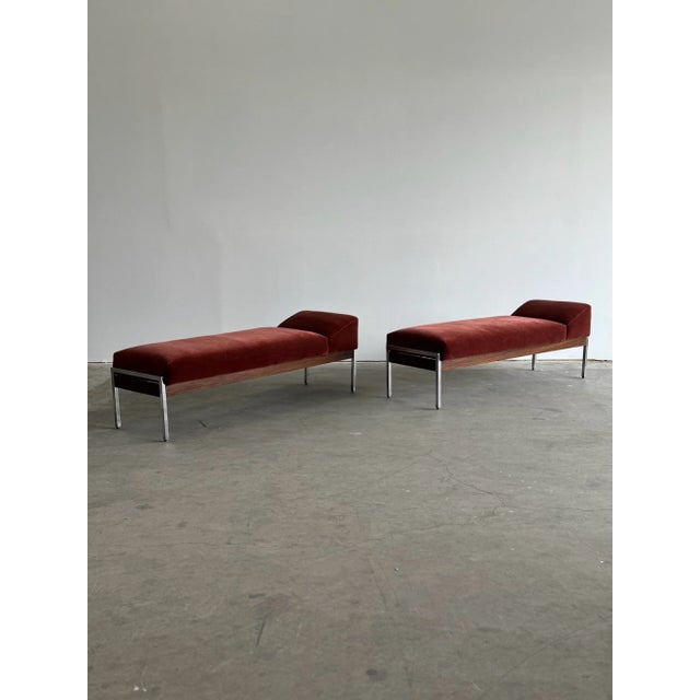 W69 D25 H23 SH20.5 Fully restored vintage daybed in mixed materials. Each unit features fresh foam, replaced straps ,...