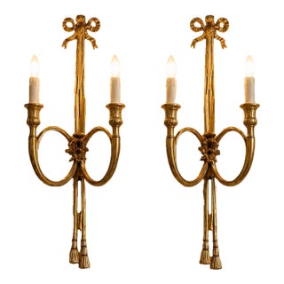 Late20C French Maker Louis XVI Gilt Bronze Sconces Wall Lamps-Pair For Sale