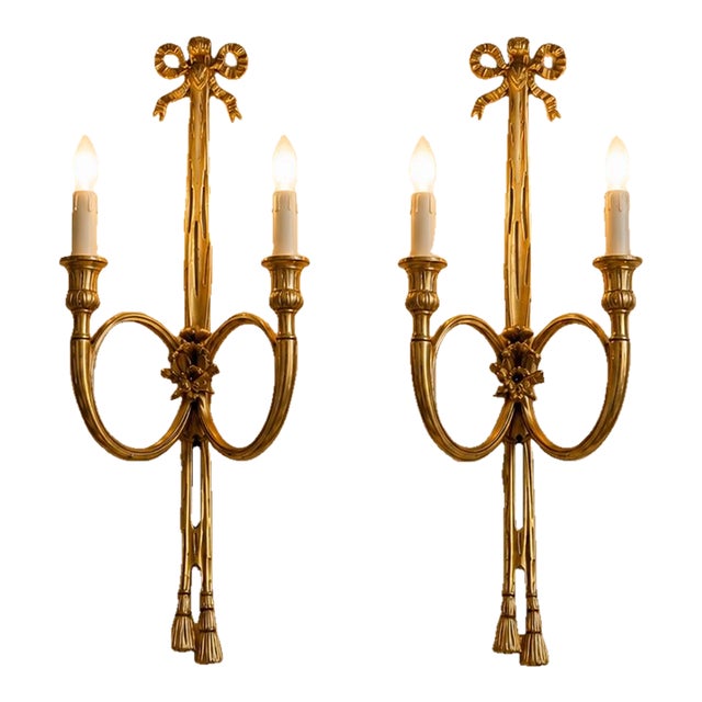 Late20C French Maker Louis XVI Gilt Bronze Sconces Wall Lamps-Pair For Sale