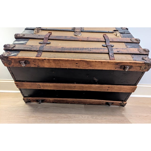 19th Century American Canvas and Oak Flat-Top Steamer Trunk With Lithograph Interior For Sale - Image 10 of 15