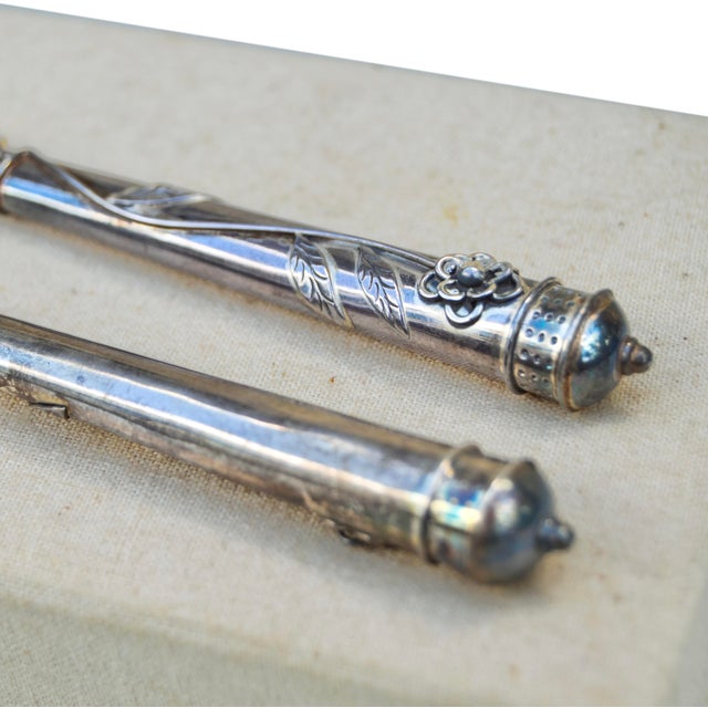 Silver Early 20th Century Handmade Sterling-Silver & Mother-of-Pearl Caviar Knives- Set of 2 For Sale - Image 8 of 10