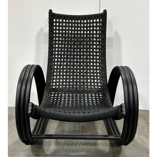 Baker Furniture Company Baker Modern Nero Finish Rattan and Woven Rawhide Rollick Rollick Rocking Chair For Sale - Image 4 of 8