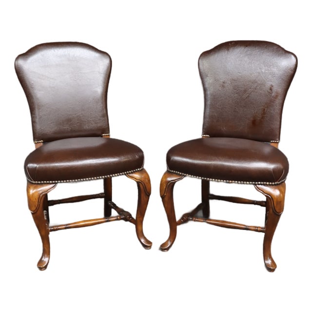 Pair of Theodore Alexander Leather Upholstered Cherry Side Chairs For Sale