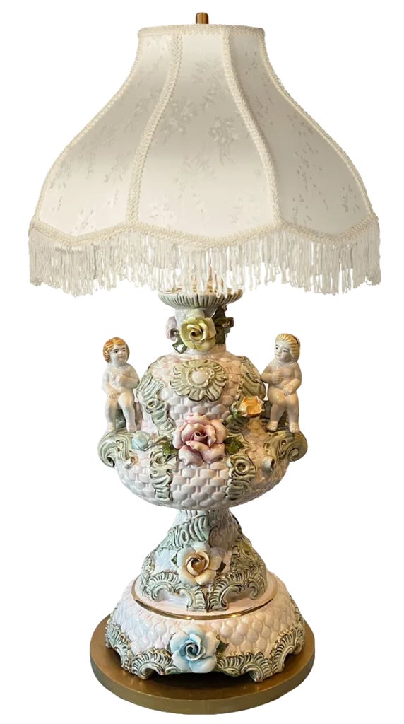 Mid-Century Capodimonte Porcelain Cherub Basketweave Floral Table