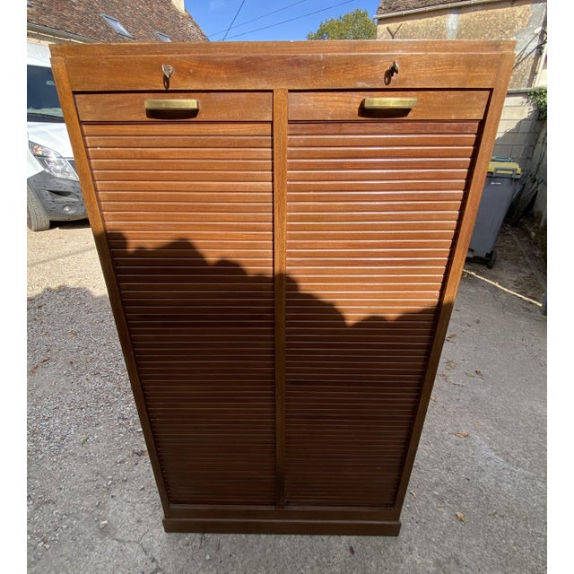 Wood Oak Double-Column Roll-Top Filing Cabinet, 1950s For Sale - Image 7 of 18