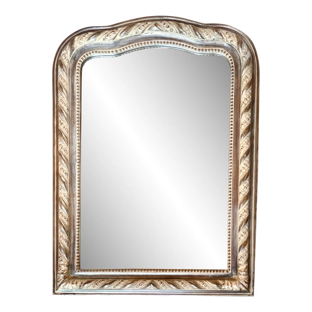 Faux Giltwood Wall Mirror With Curved Top and Decorative Scroll, Bead Border For Sale