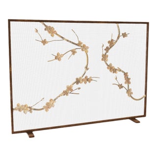 Gold Rubbed Black Sakura Fireplace Screen Iron For Sale