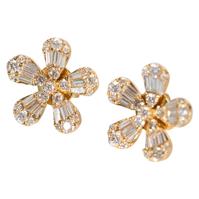 Rocks With Soul Yellow Gold Large Flower Baguette Studs - 2 Pieces For Sale