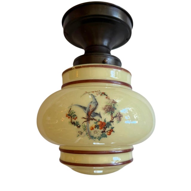Metal 1930s Art Deco Ceiling Light Fixture With Painted Bird and Flower Motif For Sale - Image 7 of 10