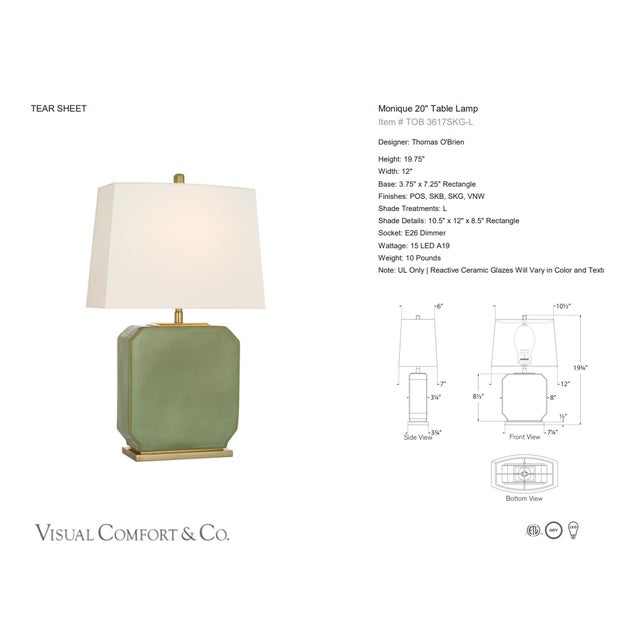 Thomas O'Brien by Visual Comfort Signature Monique 20" Table Lamp in Silk Green with Linen Shade Designer: Thomas O'Brien...