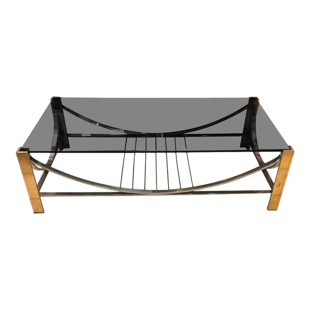 1970s Italian Mid-Century Modern Brass, Steel and Smoked Glass Coffee Table For Sale