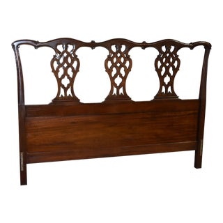 1960s Chippendale Solid Mahogany Queen Size Headboard For Sale