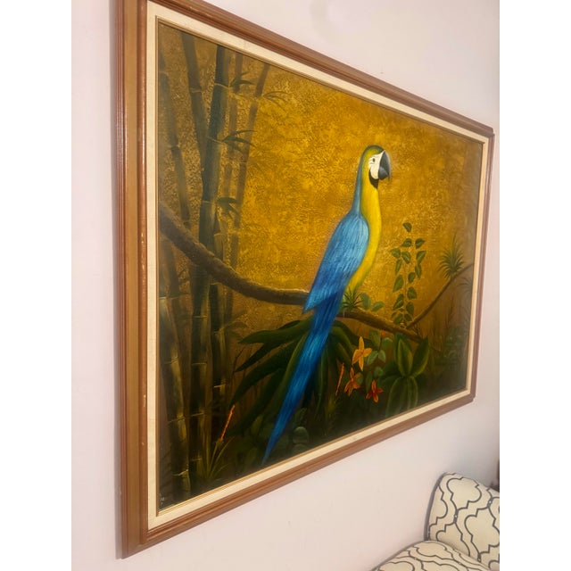 Vintage Boho Bamboo Parrot Painting, Illegible Signature, Framed 48” x 36” Description: Large-scale vintage parrot...