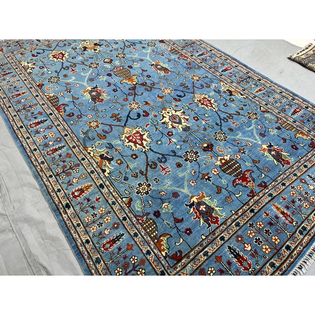 Art Deco Blue Sultani Wool Area Rug With Persian Floral Design, 6'6" X 9'10" For Sale - Image 3 of 14