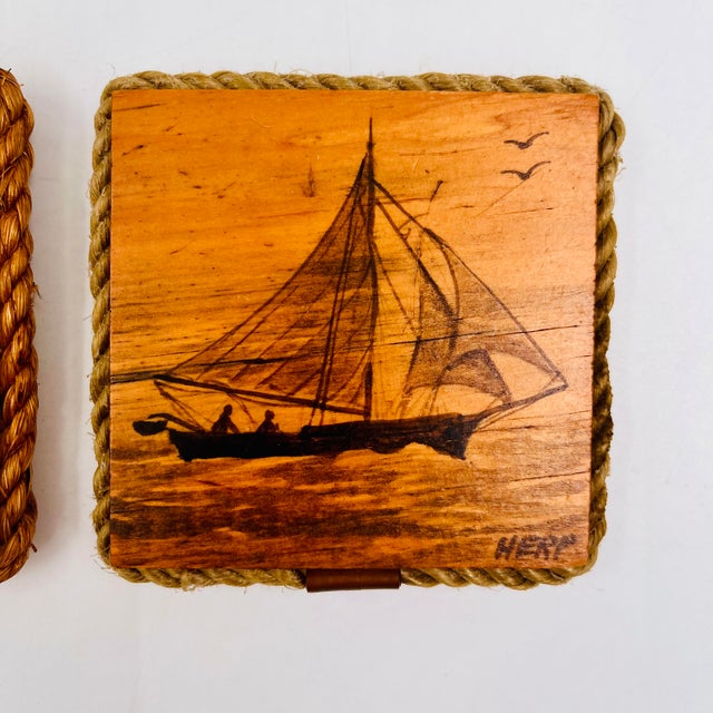 Vintage Folk Art Pen & Ink Petite Sailboat Art, Signed - Nautical Wood Plaques - Set of 2 For Sale In New York - Image 6 of 18
