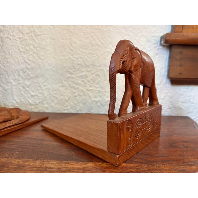 Vintage Wooden Carved Elephant Bookend Pair For Sale - Image 6 of 8